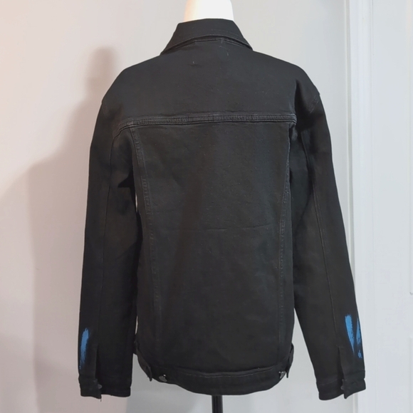 DNA, Hand-painted Black Distressed Women's Denim Jacket with Blue Accents,Size S - Picture 7 of 15